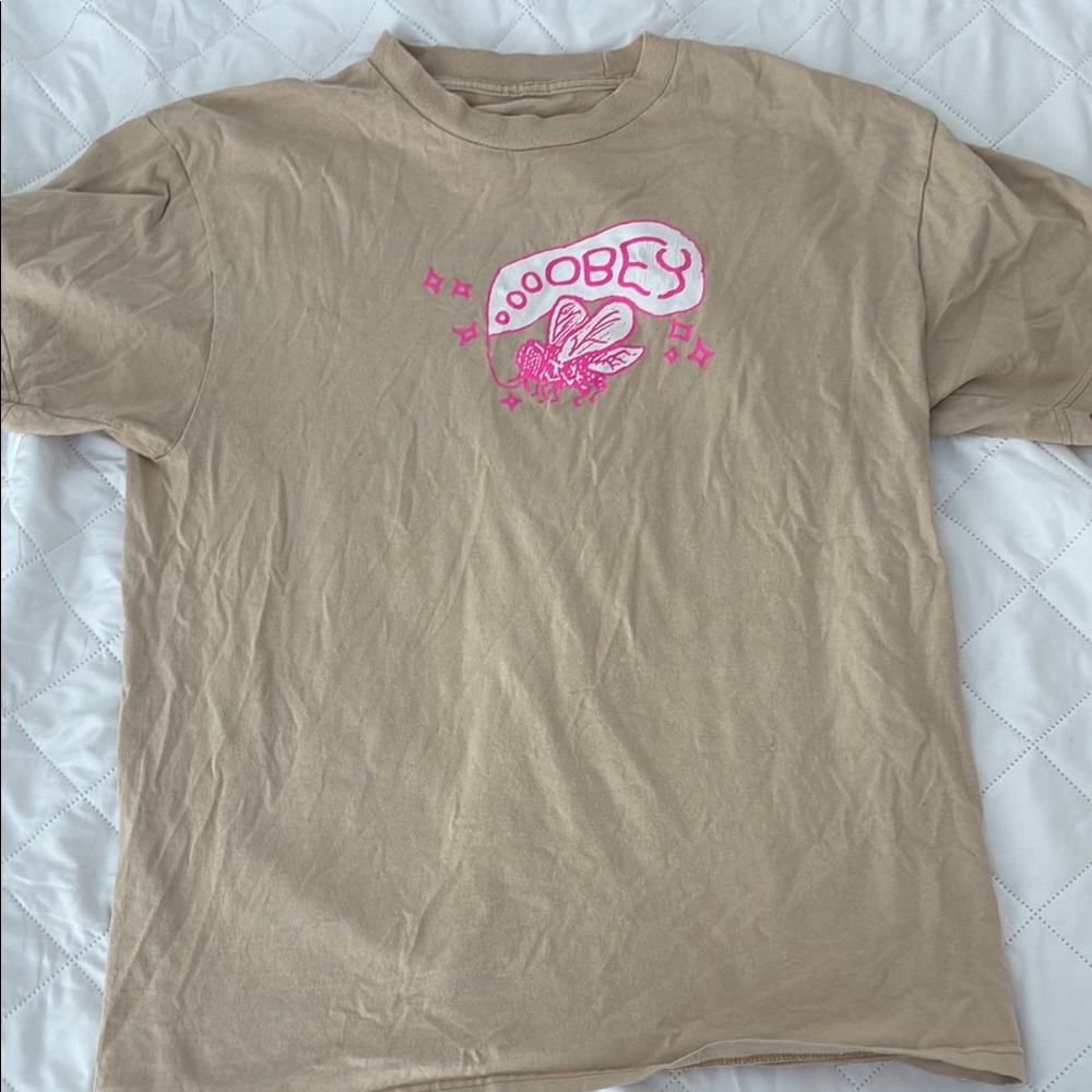 Obey Tan Short Sleeve Tee with Pink Graphic